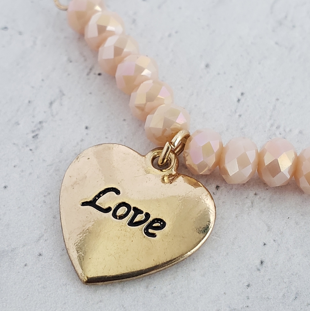 NWOT Heart Charm Necklace, 18" Gold Plated Chain Necklace with Peach Beads